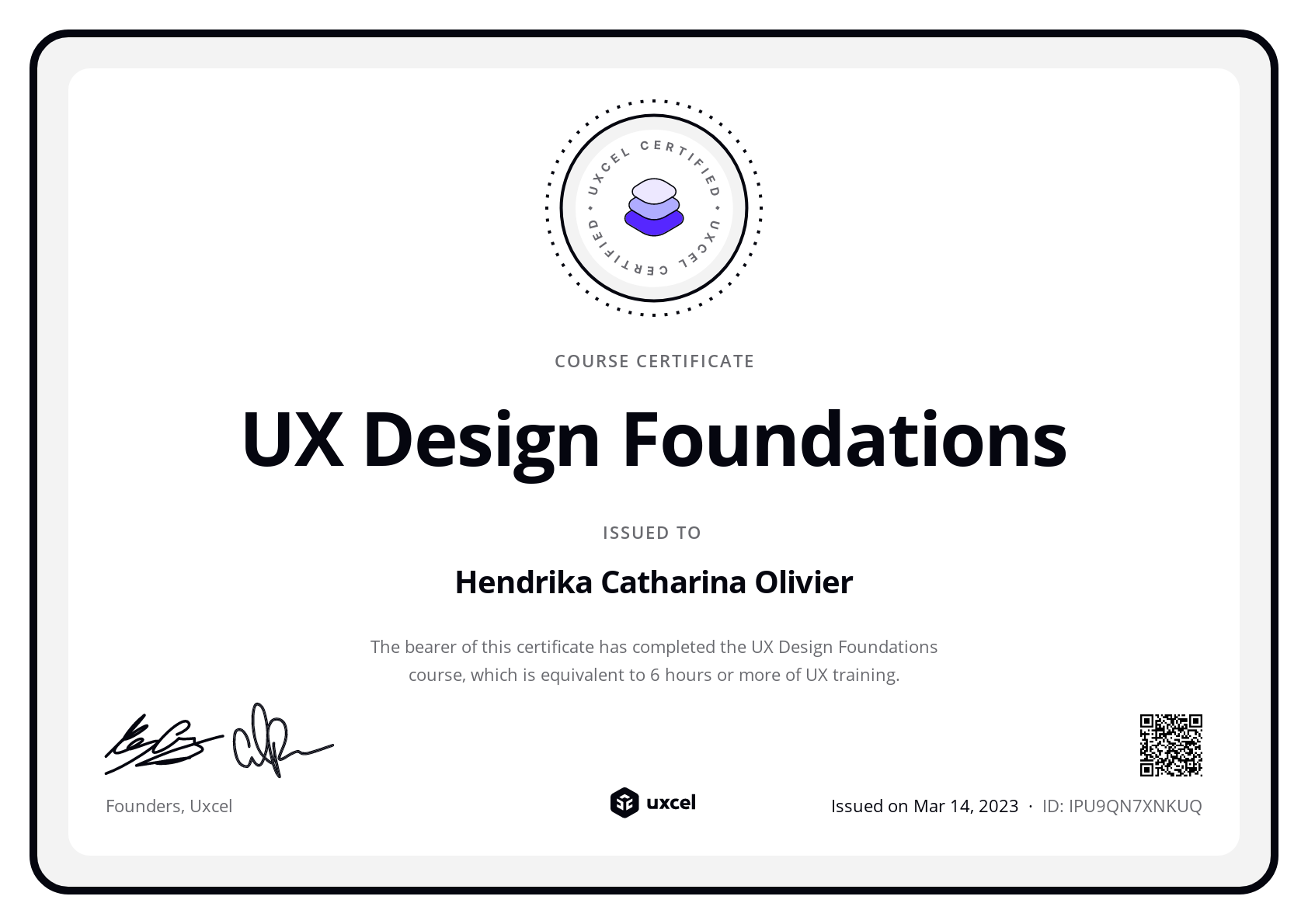 Rika van Leeuwen's certificate